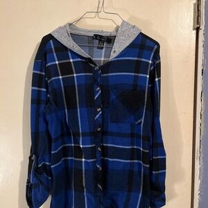 Blue and Black Plaid Button-Up Shirt with Hood